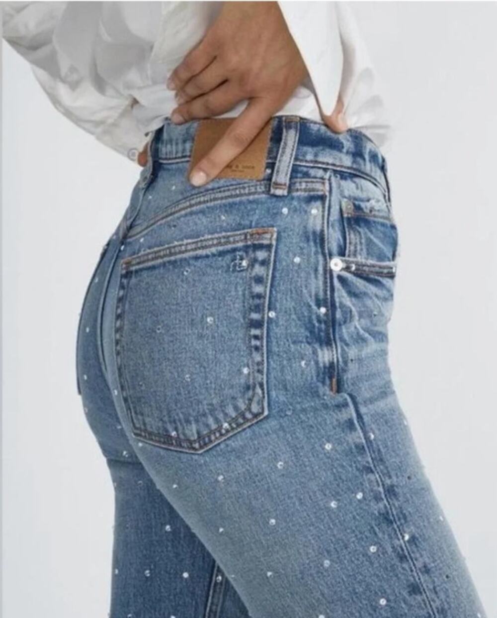 Rag & Bone Harlow Mid-Rise Straight Jeans Rhinestone Denim Blue Womens Size 26